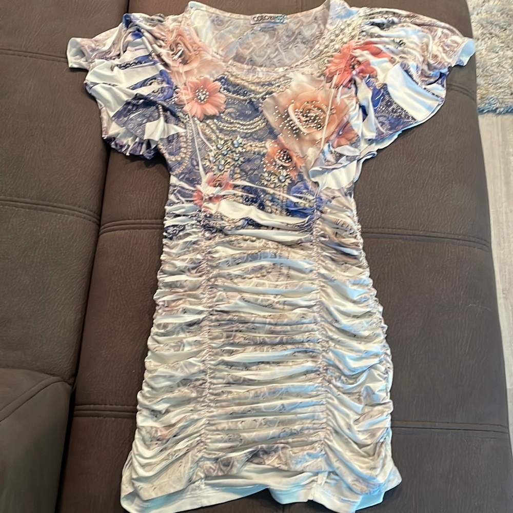 COLORI Ruched Floral Short Sleeve Dress Top in Light Blue & Blush Size Small